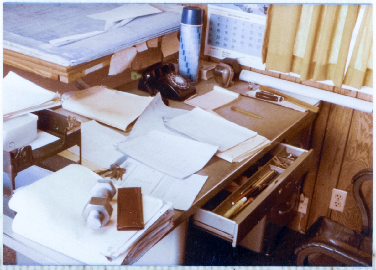 December 1980. James MacLaren’s desk in the Sheffield Steel field trailer. Sheffield Steel fabricated and delivered the main structural elements from which the Rotating Service Structure at Space Shuttle Launch Complex 39-B was assembled by Union Ironworkers from Local 808, working for Wilhoit.